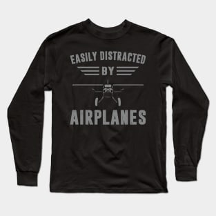 Easily Distracted By Airplanes Shirt Retro Airplane Pilot Funny Long Sleeve T-Shirt